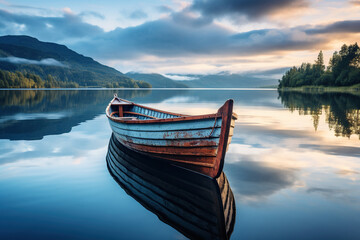 Wooden old boat on the water. Generated by artificial intelligence