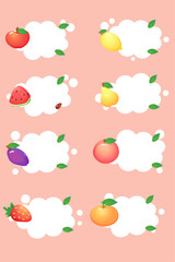 Set of cute frames with different fruits and berries:apple, strawberry, raspberry blackberry, currant, peach, watermelon, grapes, plum, cherry, pear, tangerine, gooseberry, lemon, pineapple.
