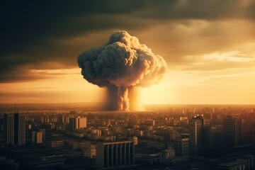 Nuclear bomb explosion in modern big city megapolis with skyscrapers, nuclear war concept - obrazy, fototapety, plakaty