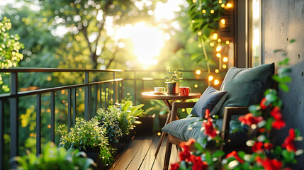 Summer outdoor terrace with wooden furniture and flowering plants, creating a cozy and inviting space for relaxation and enjoyment