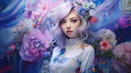 Collection of pictures of Harajuku girls, Instagram, flowers, purple and white style. Background wallpaper painted on canvas with oil paints. Aurora punk extravagant, exquisite, ancient smile