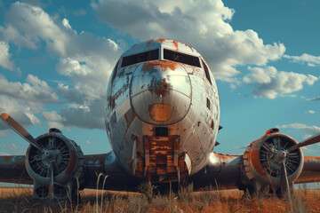 Wreck or old plane whole in the field against the sky, front view. Old plane of the 70s-80s 
