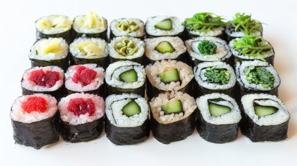 Big set of rolls with wasabi and pickled ginger