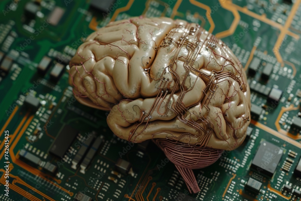 Poster ai brain chip adaptability. artificial intelligence prefrontal mind neon watermelon red axon. semico