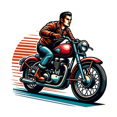 man riding vintage retro motorcycles illustration