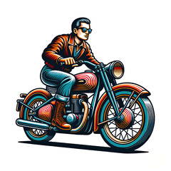 man riding vintage retro motorcycles illustration