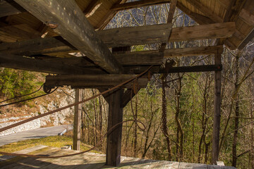 Golobar Telpher Line lower station, an historic lumber cable car in Slovenia. A forest cableway to...