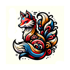 abstract illustration of Japanese fantasy creature nine tailed fox kitsune mythology magical Kitsune nine tails fox