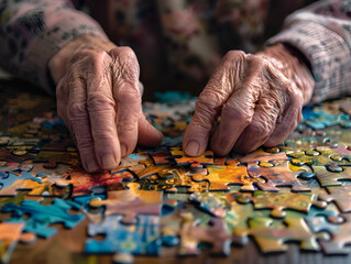 Senior person's hands solving a puzzle, highlighting patience and the joy of hobbies. Alzheimer's prevention