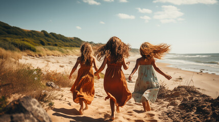 Three young girls in flowing dresses running joyfully along a sunny beach, embodying freedom and friendship
