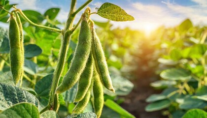 unripe green pods of soybeans on the stems of plants growing in an agricultural field in the rays of the dawn sun background banner selective focus