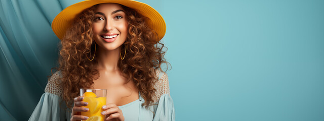 A radiant woman with a sunny hat and curly hair smiles as she enjoys a fresh orange juice, embodying a joyful summer vibe