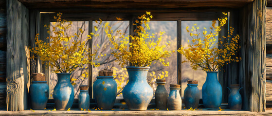 Spring flowers in a rustic vase, capturing the fresh beauty of forsythia blossoms against a vintage backdrop