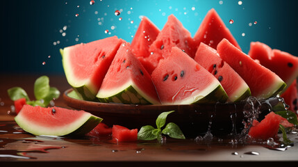 Juicy watermelon slices on a wooden plate with a splash of water, capturing the essence of summer refreshment