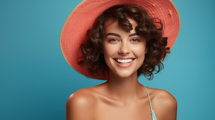 Vibrant summer portrait of a joyful young woman with curly hair wearing a large red sun hat, exuding happiness and vitality against a turquoise background