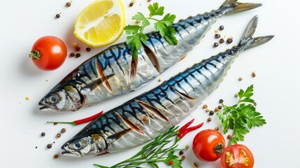 Fish mackerel paste chili spicy with fresh and boiled vegetable ,grill Thai mackerel.Thai cuisine,Thaispicy healthy food or diet food top view isolated on white background