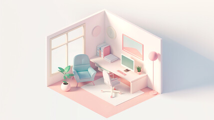 Pastel Pink Home Office Isometric Design with Modern Desk Setup and Comfortable Chair