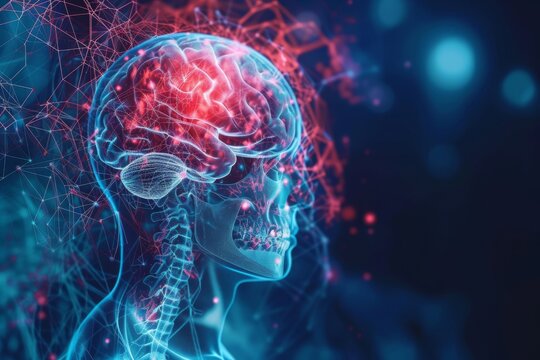 AI Brain Chip transmission. Artificial Intelligence marketing human neurological network mind circuit board. Neuronal network peripheral nervous system smart computer processor internet of things