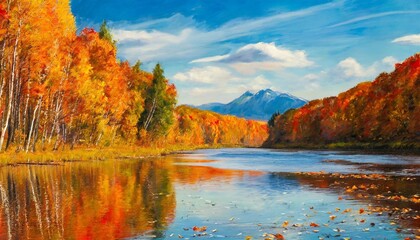 oil painting landscape autumn forest near the river orange leaves