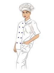 Blonde businesswoman in a chef's uniform with a cap on her head.