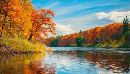 oil painting landscape autumn forest near the river orange leaves