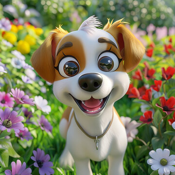 3d rendered photos of cartoon animation of dog with big sparkling eyes, colorful garden, note book cover made with generative AI