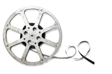 Cinema industry and movie background with film reels, top view - obrazy, fototapety, plakaty