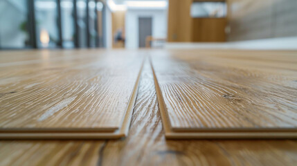 Longitudinal lock joint - The sequence of technological methods for laying and installation of floating flooring - laminate - professional work - selective focus - obrazy, fototapety, plakaty