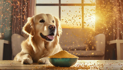 A golden retriever dog with a bowl of food, Dog food flying around in different directions