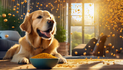 A golden retriever dog with a bowl of food, Dog food flying around in different directions