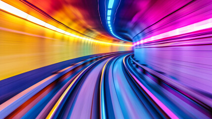 Speed and motion in a modern tunnel, emphasizing transportation and futuristic travel with colorful light trails