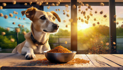 A mixed breed dog with a bowl of food, Dog food flying around in different directions - obrazy, fototapety, plakaty