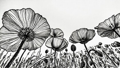 poppy hand drawn ink illustration black and white floral drawing of poppy and california poppy