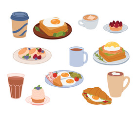 Set of different dishes. Toast, croissant, fried eggs, cheesecakes , desserts. Coffee drinks in different mugs. Delicious meal served on plate. Food for breakfast or brunch. Flat vector illustration