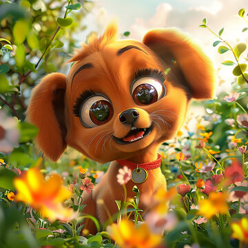 3d rendered photos of cartoon animation of dog with big sparkling eyes, colorful garden, note book cover made with generative AI