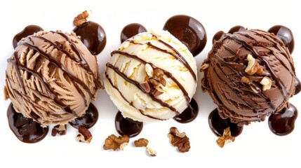 Obraz premium Three different flavored scoops of frozen Italian ice-cream topped with drizzled chocolate and walnuts viewed from above on white