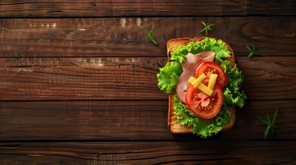 Top view of Healthy Sandwich toast with lettuce, ham, cheese and tomato on a wooden background