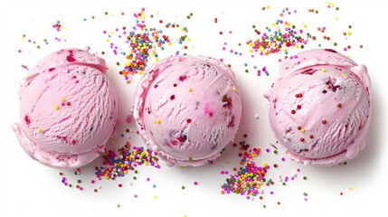 top view of three pink berry scoops of sundae ice cream covered and strewed sprinkles on white background - obrazy, fototapety, plakaty