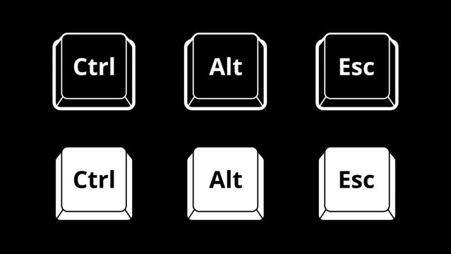 Press keyboard buttons motion graphic with alpha channel. Ctrl, alt, esc, tab, spacebar keys on computer keyboard isolated vector icon animated on transparent background. Control, alternate, escape.