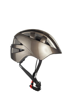 A studio shot of a gray helmet for byciclist isolated on white background. Bicycle helmet with a strap for fixing on the head. Side view.