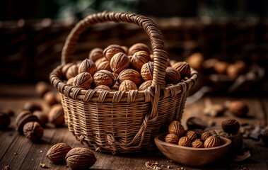 Wicker basket with whole nuts created with Generative AI technology