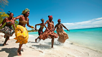 Reggae Rhythms on Jamaican Shores: A Group of Energetic Dancers Showcases the Infectious Beats on...