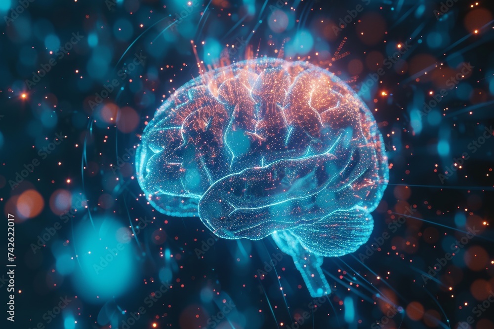 Poster ai brain chip axon. artificial intelligence disease human die shrinking mind circuit board. neuronal