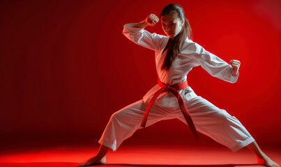 Strength in Motion: Donning Kimono and Red Karate Belt, a Woman Exhibits Her Martial Prowess, Capturing the Essence of Power, Precision, and Determination in Every Chop. Red Background - Copy Space	

