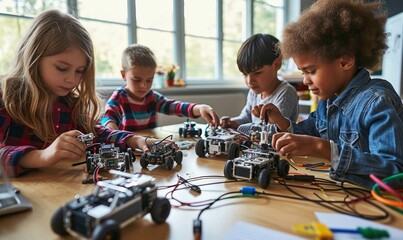 Diverse school children students group building robotic cars using computers. Happy multicultural...