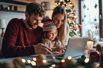 Happy young parents with cute excited small kid daughter using laptop computer at home sitting at Christmas table having virtual party on video call, doing ecommerce family shopping, Generative AI
