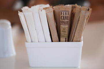 White and brown sugar in a restaurant