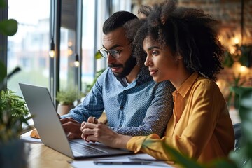 Multiethnic indian mentor and female African American intern sitting at desk with laptop doing paperwork together discussing project financial report. Corporate business collaboration, Generative AI