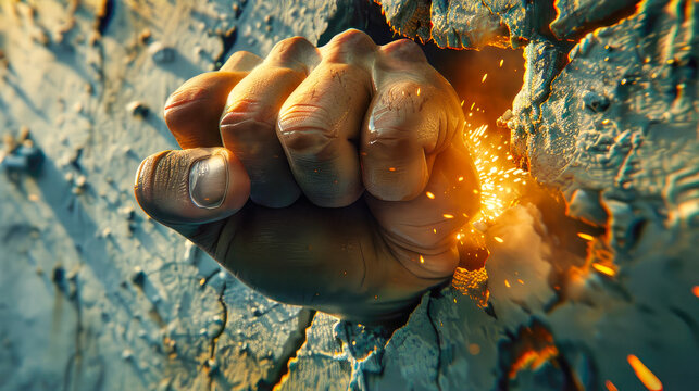 Fist punched wall and created the hole. Strength and power concept.