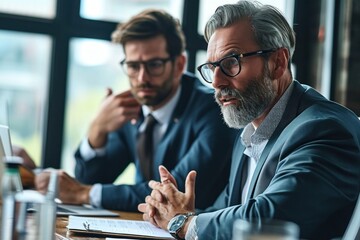 Serious caucasian male ceo executive manager with male business partner discussing corporation merge plan at board room table. Professional coworkers leaders doing paperwork in modern, Generative AI - obrazy, fototapety, plakaty